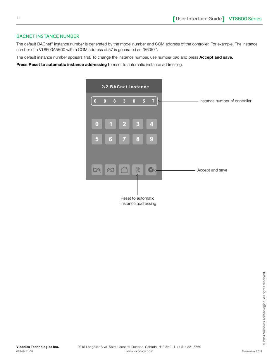 Vt8600 series user interface guide, Bacnet instance number | Viconics VT8600 User Interface Guide User Manual | Page 14 / 47