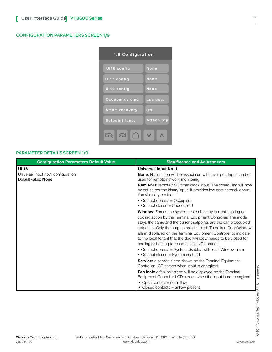 Vt8600 series, User interface guide, Parameter details screen 1/9 | Configuration parameters screen 1/9 | Viconics VT8600 User Interface Guide User Manual | Page 15 / 47