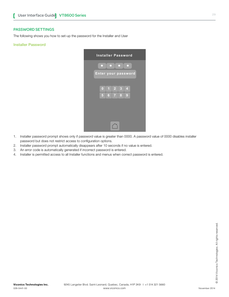 Vt8600 series, User interface guide, Password settings | Viconics VT8600 User Interface Guide User Manual | Page 29 / 47