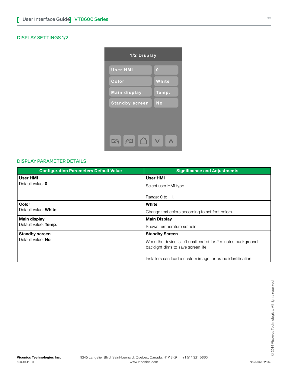 Vt8600 series, User interface guide, Display settings 1/2 display parameter details | Viconics VT8600 User Interface Guide User Manual | Page 33 / 47