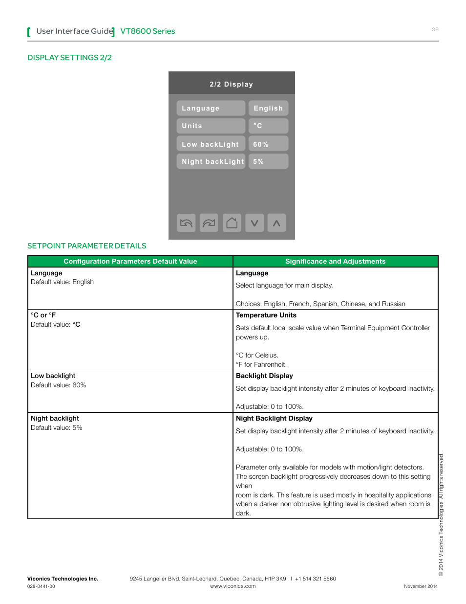 Vt8600 series, User interface guide, Display settings 2/2 setpoint parameter details | Viconics VT8600 User Interface Guide User Manual | Page 39 / 47