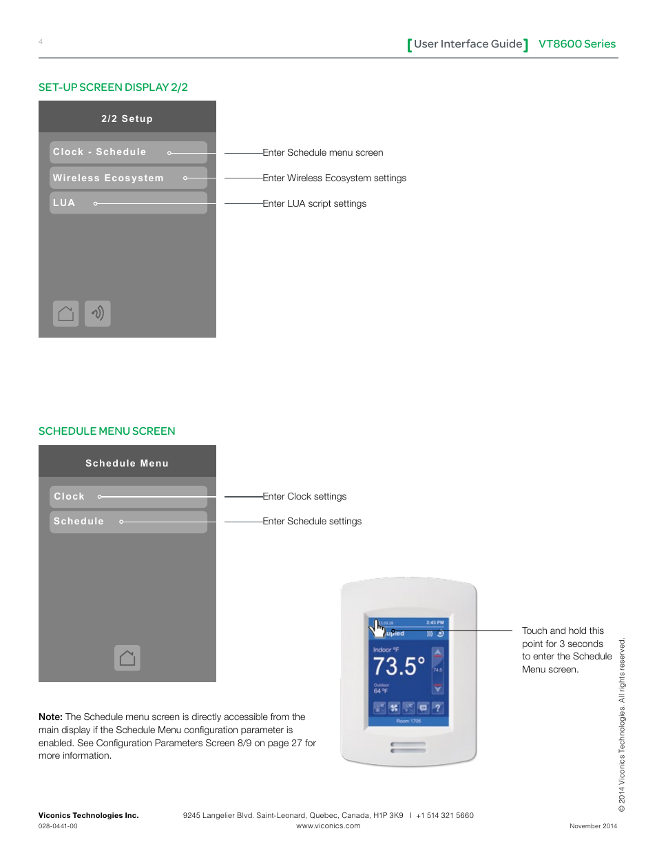 Vt8600 series user interface guide, Set-up screen display 2/2, Schedule menu screen | Viconics VT8600 User Interface Guide User Manual | Page 4 / 47