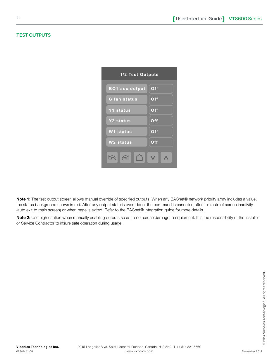 Vt8600 series user interface guide, Test outputs | Viconics VT8600 User Interface Guide User Manual | Page 44 / 47