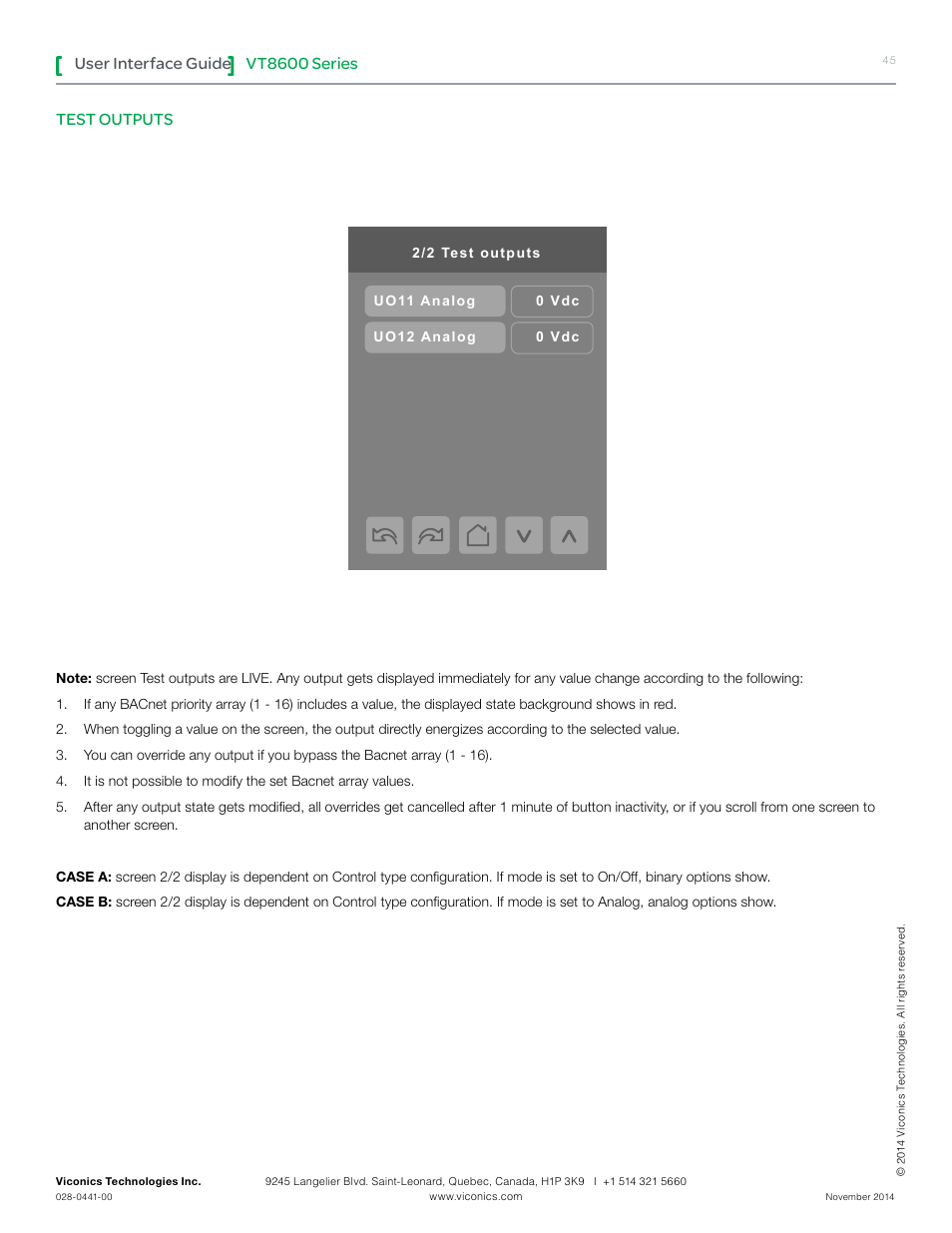 Vt8600 series, User interface guide, Test outputs | Viconics VT8600 User Interface Guide User Manual | Page 45 / 47