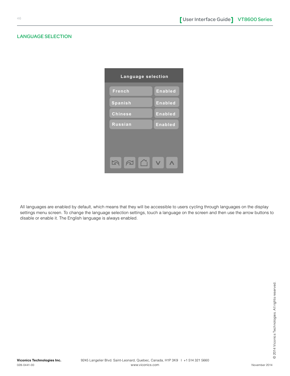Vt8600 series user interface guide, Language selection | Viconics VT8600 User Interface Guide User Manual | Page 46 / 47