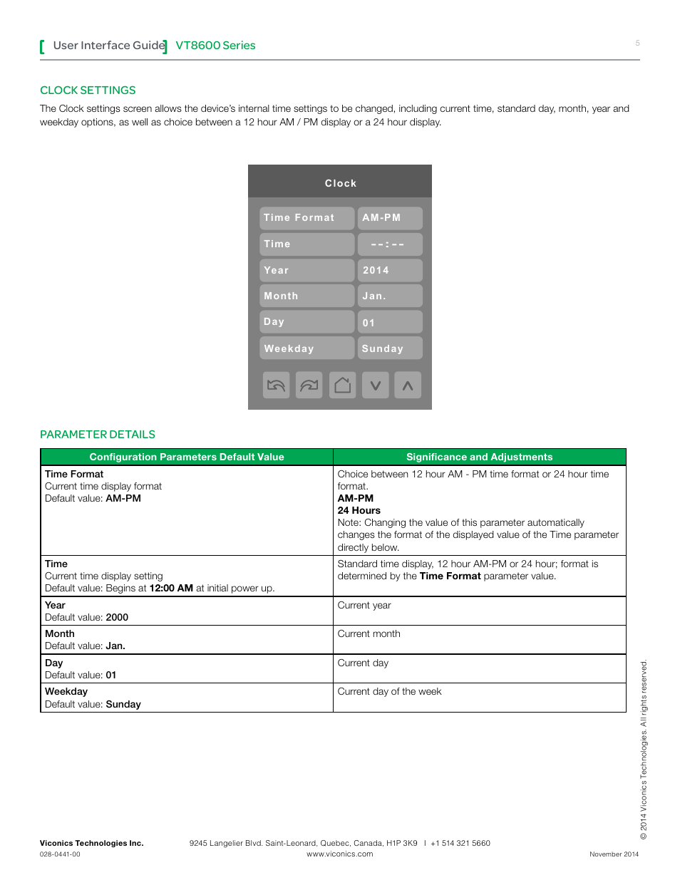 Vt8600 series, User interface guide, Clock settings | Parameter details | Viconics VT8600 User Interface Guide User Manual | Page 5 / 47