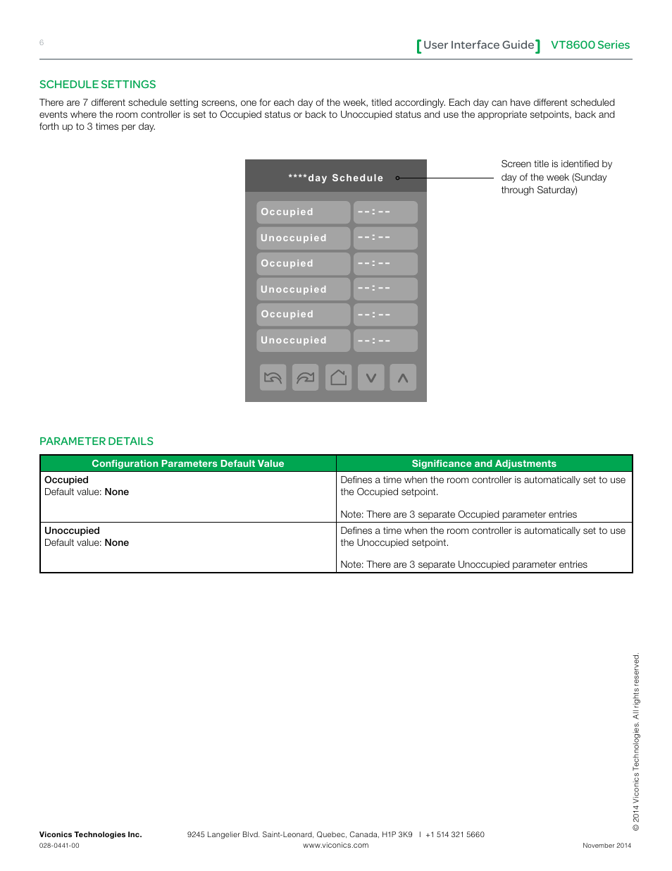 Vt8600 series user interface guide, Schedule settings, Parameter details | Viconics VT8600 User Interface Guide User Manual | Page 6 / 47