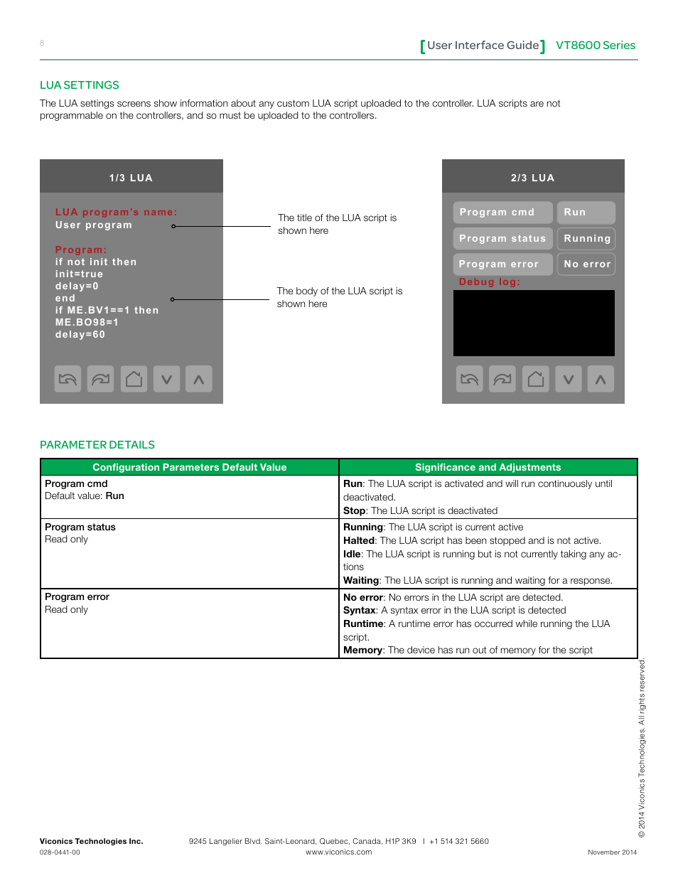 Vt8600 series user interface guide, Lua settings, Parameter details | Viconics VT8600 User Interface Guide User Manual | Page 8 / 47