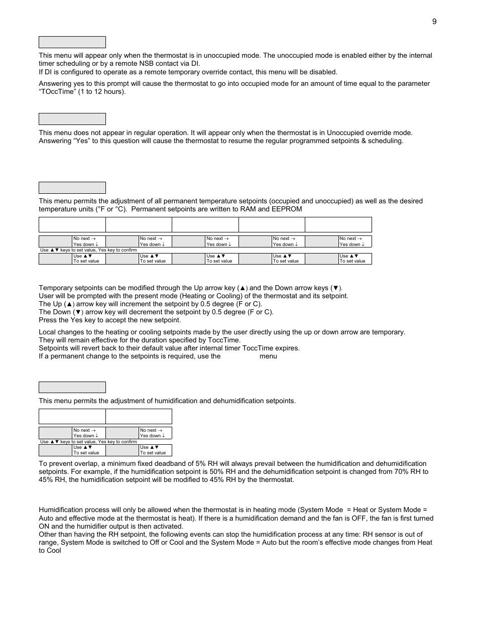 A) override an unoccupied period, B) resume regular scheduling, C) temperature setpoints | Permanent setpoint changes, Temporary setpoint changes, And the down arrow keys, Menu, D) humidity setpoints | Viconics VT7607 BACnet Integration Guide (First Release 1000 Series) User Manual | Page 9 / 23