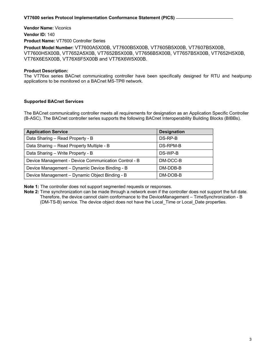 Supported bacnet services | Viconics VT7600F Integration Guide BACnet User Manual | Page 3 / 29