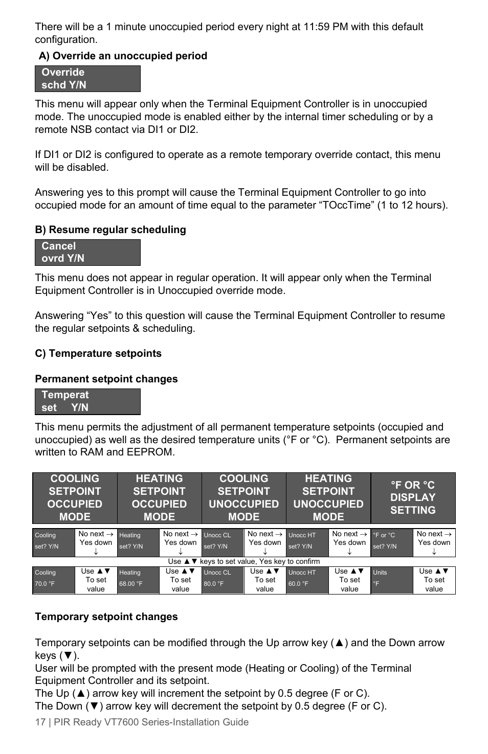 A) override an unoccupied period, Override schd y/n, B) resume regular scheduling | Cancel ovrd y/n, Temperat set y/n, Temporary setpoint changes | Viconics VT7600 Installation Guide (Current Release 5000 Series PIR Ready) User Manual | Page 17 / 39
