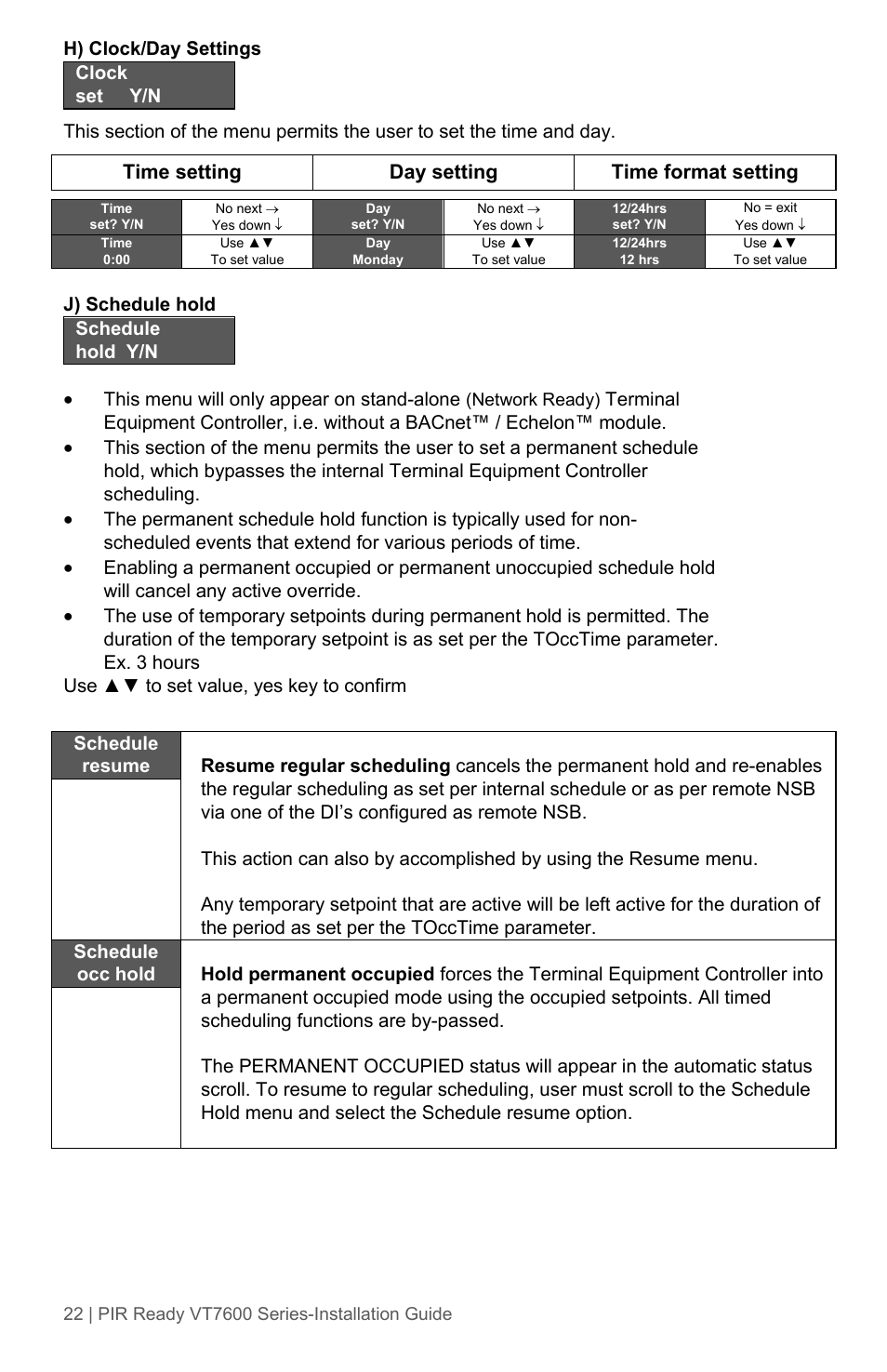 Time setting day setting time format setting | Viconics VT7600 Installation Guide (Current Release 5000 Series PIR Ready) User Manual | Page 22 / 39