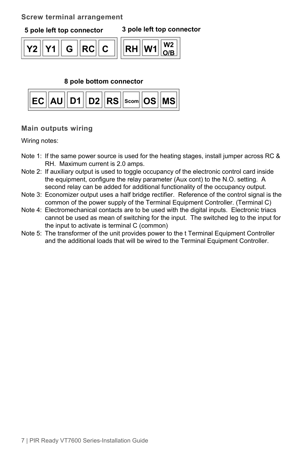 Ec au d1 d2 rs, Os ms y2 y1 g rc c rh w1 | Viconics VT7600 Installation Guide (Current Release 5000 Series PIR Ready) User Manual | Page 7 / 39