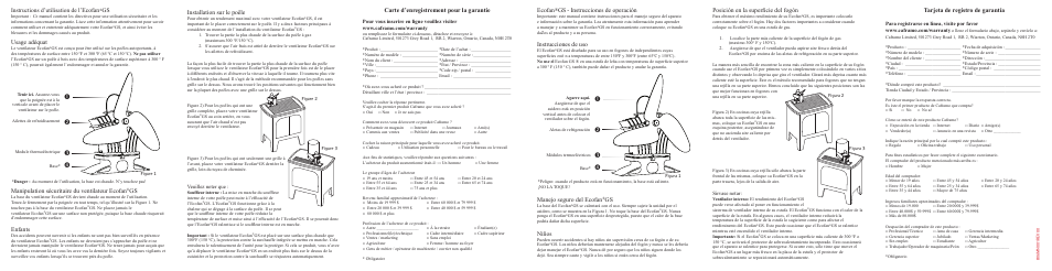 Posición en la superficie del fogón, Tarjeta de registro de garantía, Installation sur le poêle | Carte d’enregistrement pour la garantie, Ecofan, Instrucciones de operación, Instrucciones de uso, Manejo seguro del ecofan, Niños, Usage adéquat | Caframo 806GS-BBX User Manual | Page 2 / 2