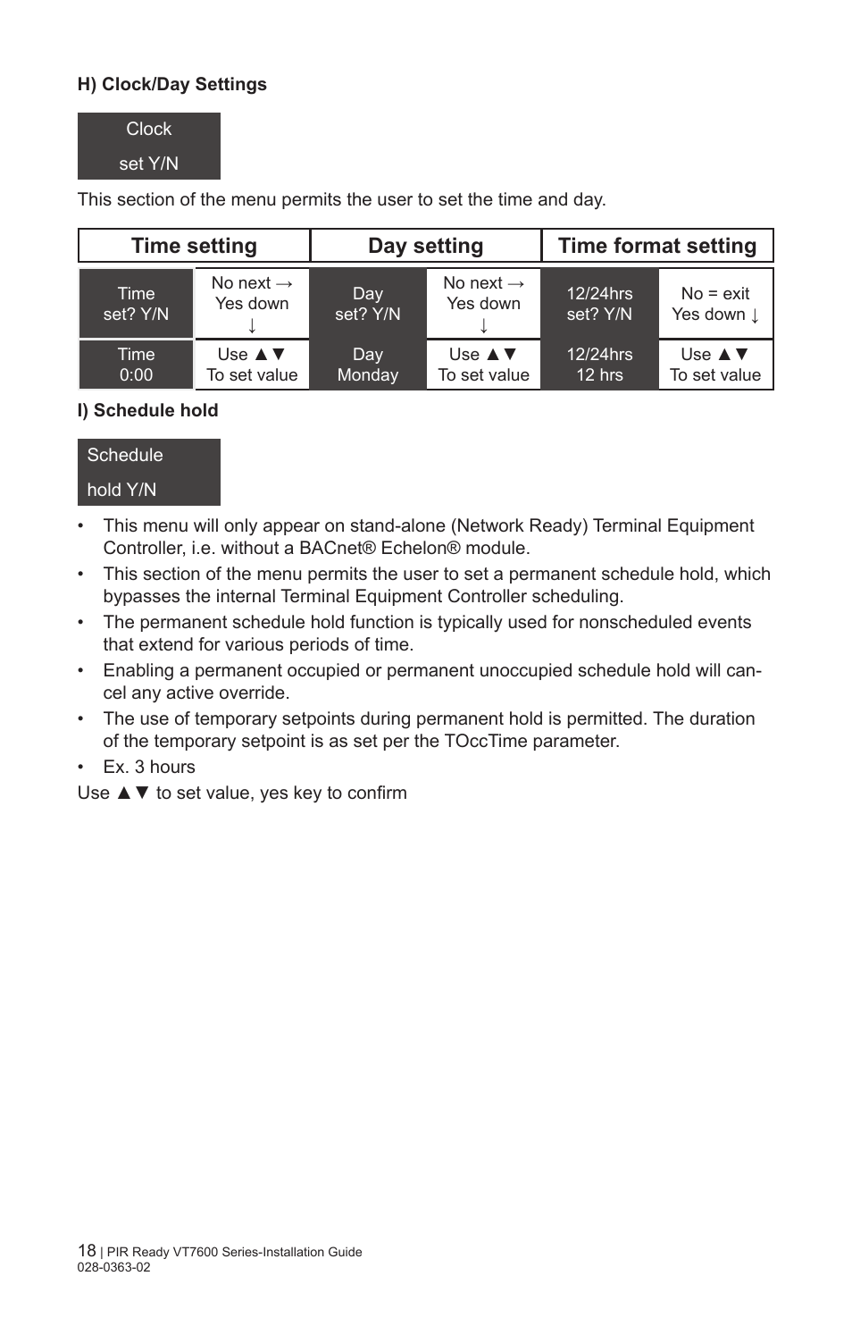 Time setting day setting time format setting | Viconics VT7606E Installation Manual User Manual | Page 18 / 34