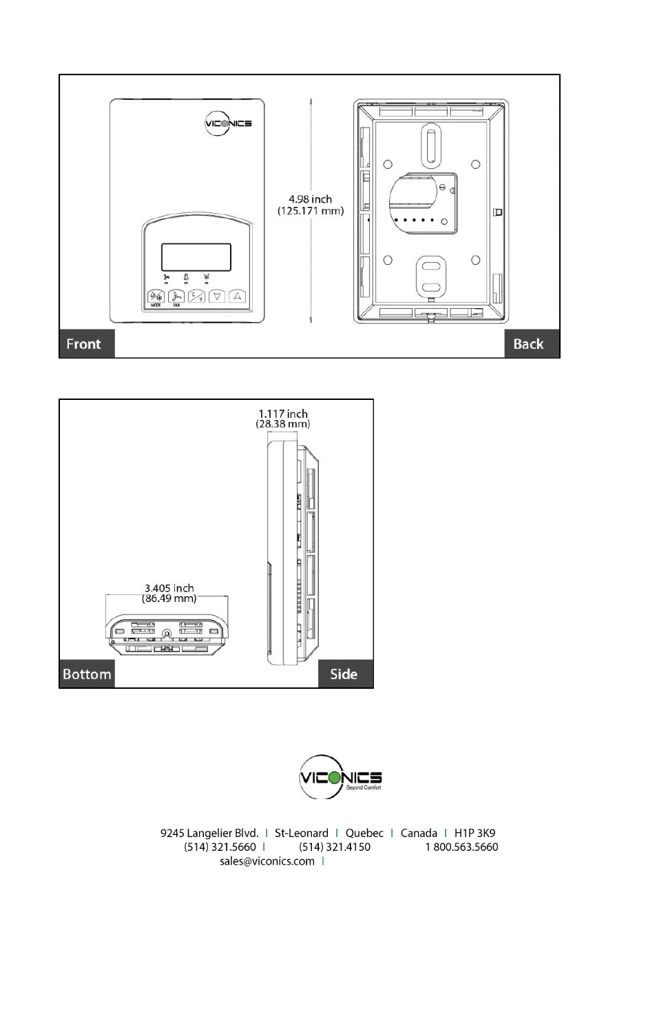 Drawing & dimensions | Viconics VT7300 Installation Manual (Current Release 5000 Series PIR Ready) User Manual | Page 33 / 33