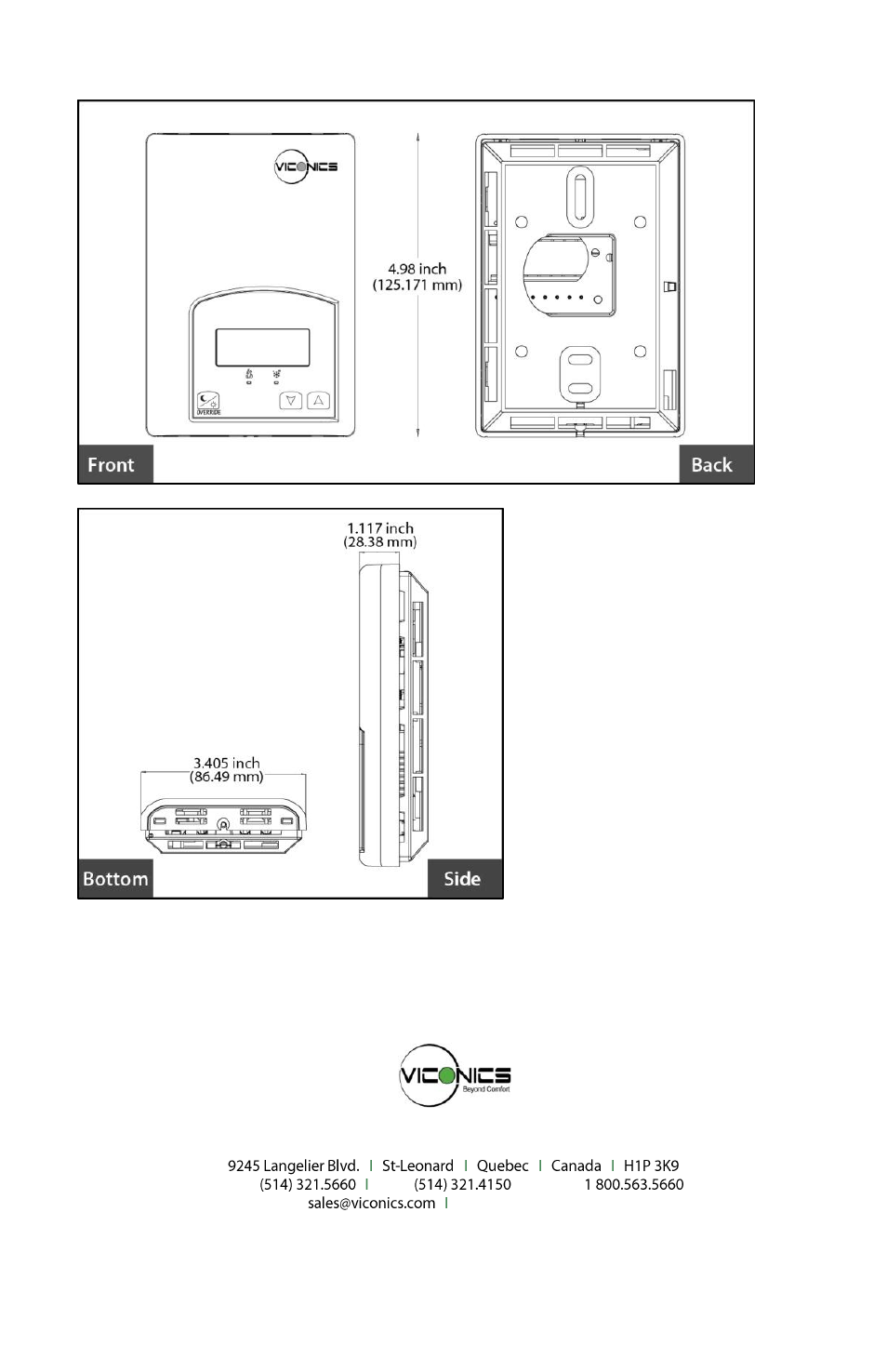 Drawing & dimensions | Viconics VT7200 Installation Manual (Current Release 5000 Series PIR Ready) User Manual | Page 29 / 29