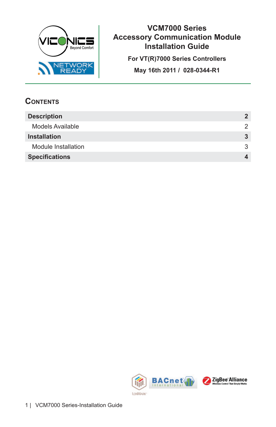 Viconics VCM7000 Installation Guide User Manual | 4 pages