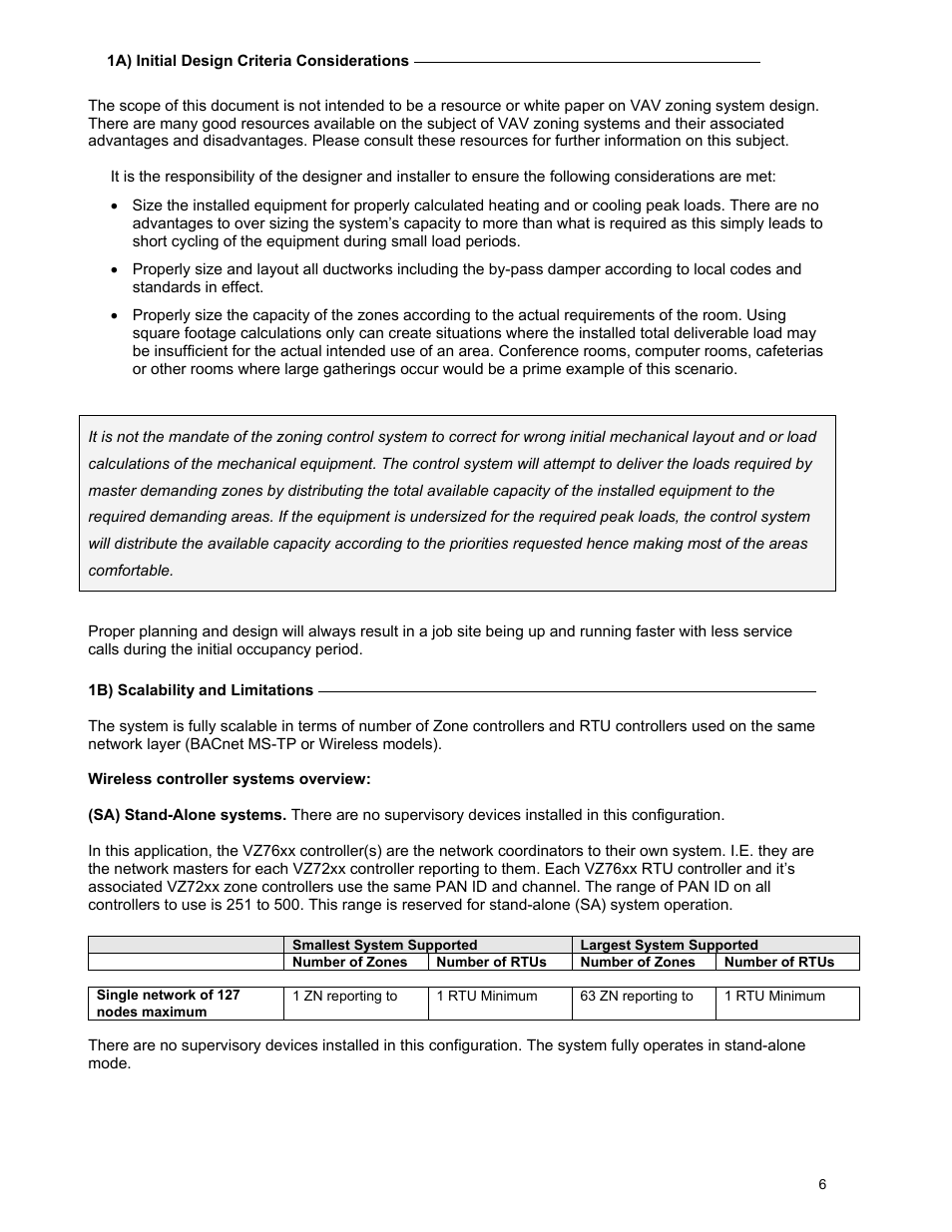 Wireless controller systems overview, Smallest system supported, Largest system supported | Number of zones, Number of rtus, Single network of 127 nodes maximum, 1 zn reporting to, 1 rtu minimum, 63 zn reporting to | Viconics VWZS Application Guide User Manual | Page 6 / 40