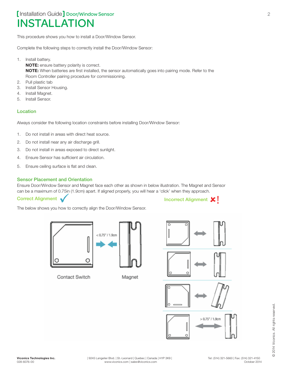 Installation, Installation guide, Door/window sensor | Viconics SED-WDS-P (ZigBee Pro) Door and Window Sensor Installation guide User Manual | Page 2 / 4