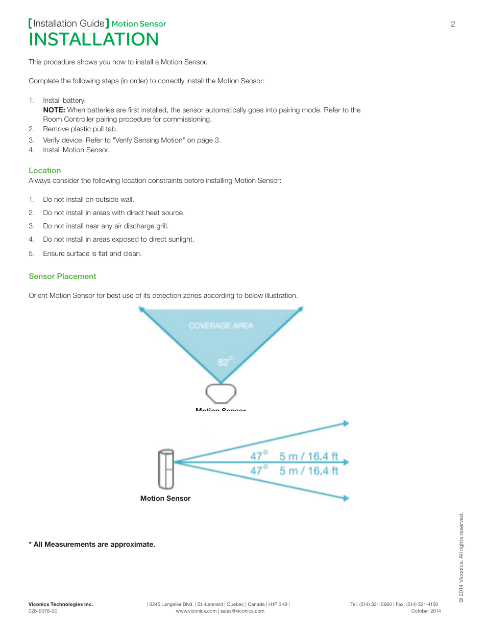 Installation, Installation guide, Motion sensor | Viconics SED-WMS-P (ZigBee Pro) Installation Guide User Manual | Page 2 / 4