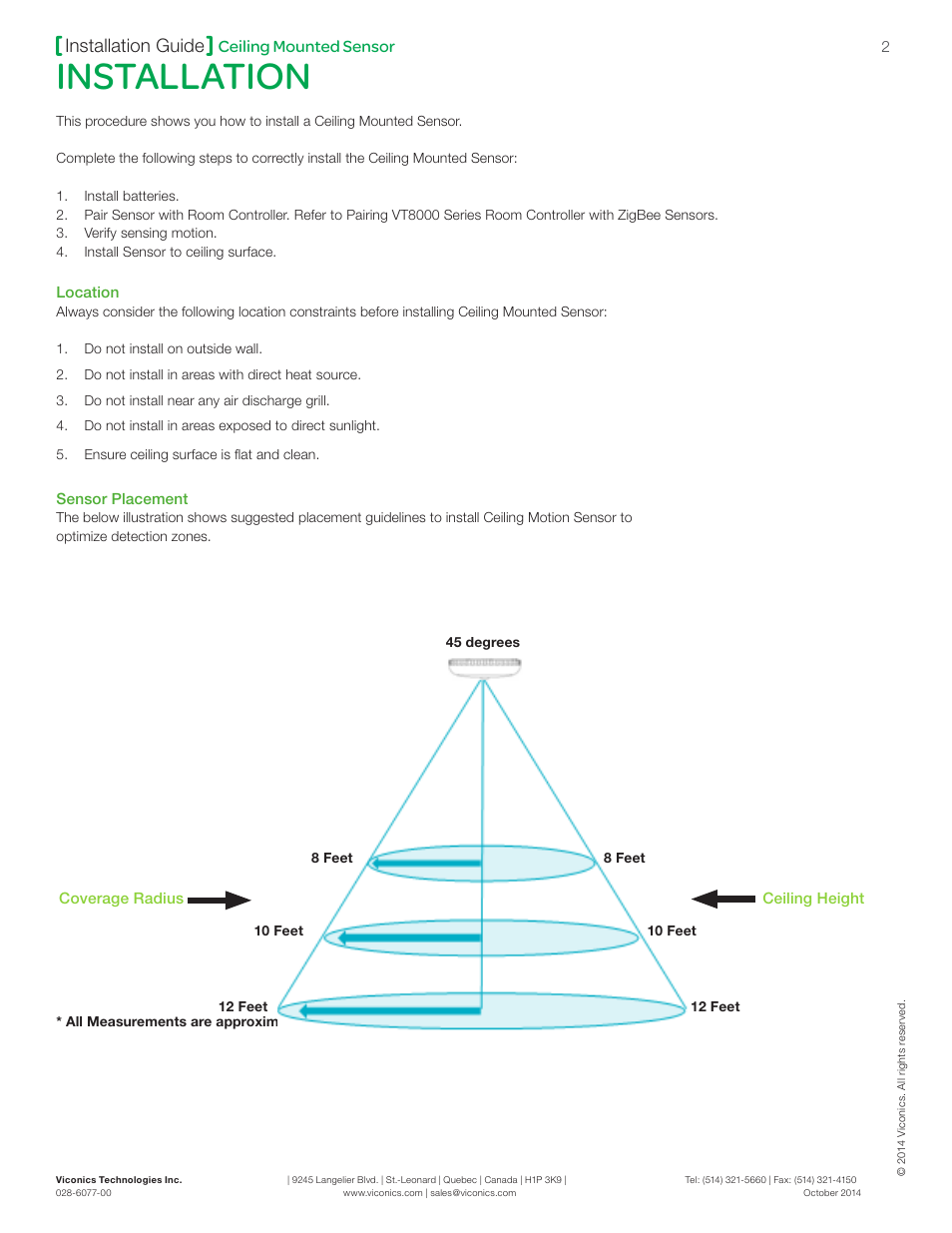 Installation, Installation guide, Ceiling mounted sensor | Viconics SED-CMS-P (ZigBee Pro) Installation Guide User Manual | Page 2 / 4
