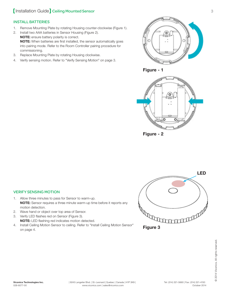 Installation guide, Figure - 1 figure - 2 figure 3 led, Ceiling mounted sensor | Install batteries, Verify sensing motion | Viconics SED-CMS-P (ZigBee Pro) Installation Guide User Manual | Page 3 / 4