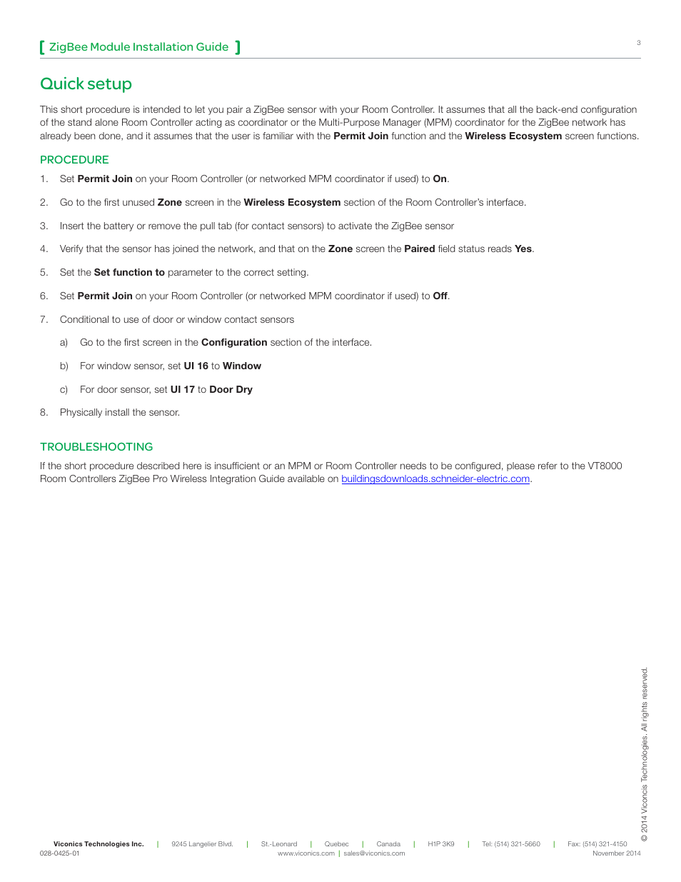 Quick setup, Zigbee module installation guide, Procedure | Troubleshooting | Viconics VCM8000V5045P (ZigBee Pro) Installation Guide for Zigbee Pro Module User Manual | Page 3 / 3