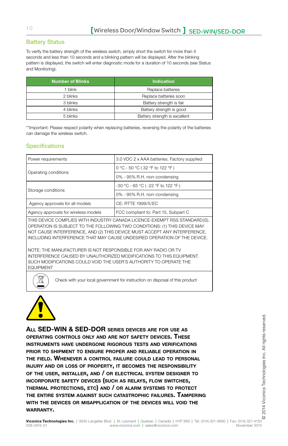 Sed-win/sed-dor wireless door/window switch, Sed-win & sed-dor | Viconics SED-DOR (ZigBee Pro) Installation Guide User Manual | Page 10 / 12