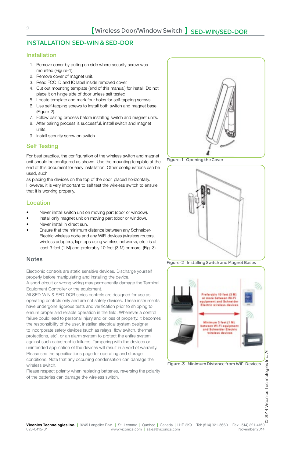 Sed-win/sed-dor wireless door/window switch, Installation sed-win & sed-dor, Installation | Self testing, Location | Viconics SED-DOR (ZigBee Pro) Installation Guide User Manual | Page 2 / 12