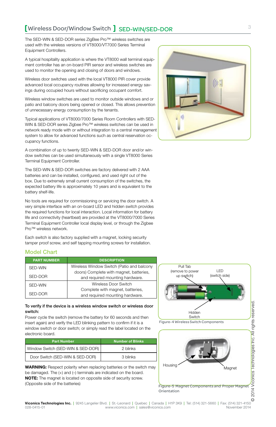 Sed-win/sed-dor wireless door/window switch, Model chart | Viconics SED-DOR (ZigBee Pro) Installation Guide User Manual | Page 3 / 12