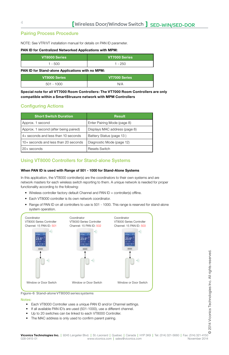 Sed-win/sed-dor wireless door/window switch, Pairing process procedure, Configuring actions | Using vt8000 controllers for stand-alone systems | Viconics SED-DOR (ZigBee Pro) Installation Guide User Manual | Page 4 / 12