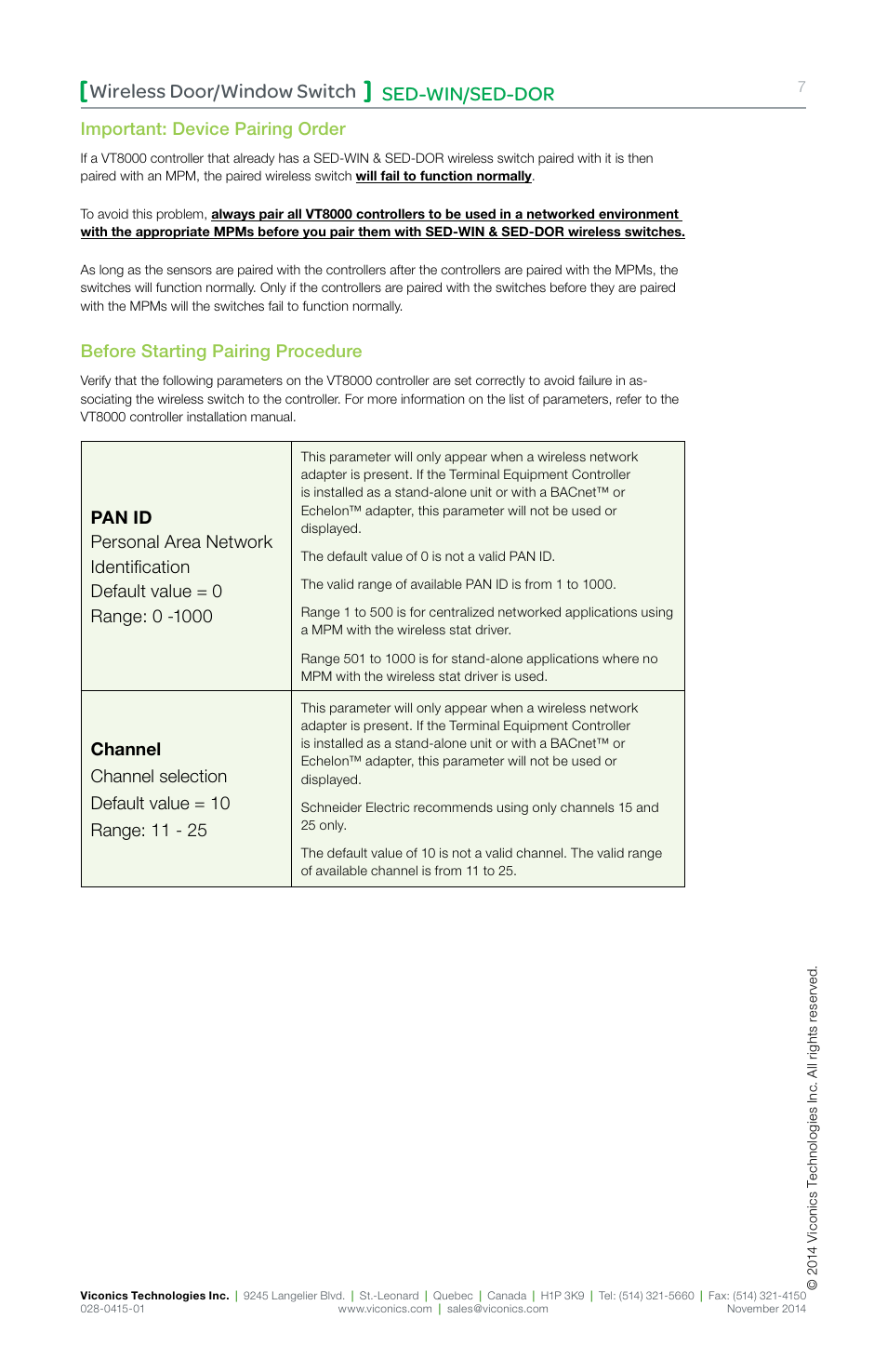 Sed-win/sed-dor wireless door/window switch, Important: device pairing order, Before starting pairing procedure | Viconics SED-DOR (ZigBee Pro) Installation Guide User Manual | Page 7 / 12