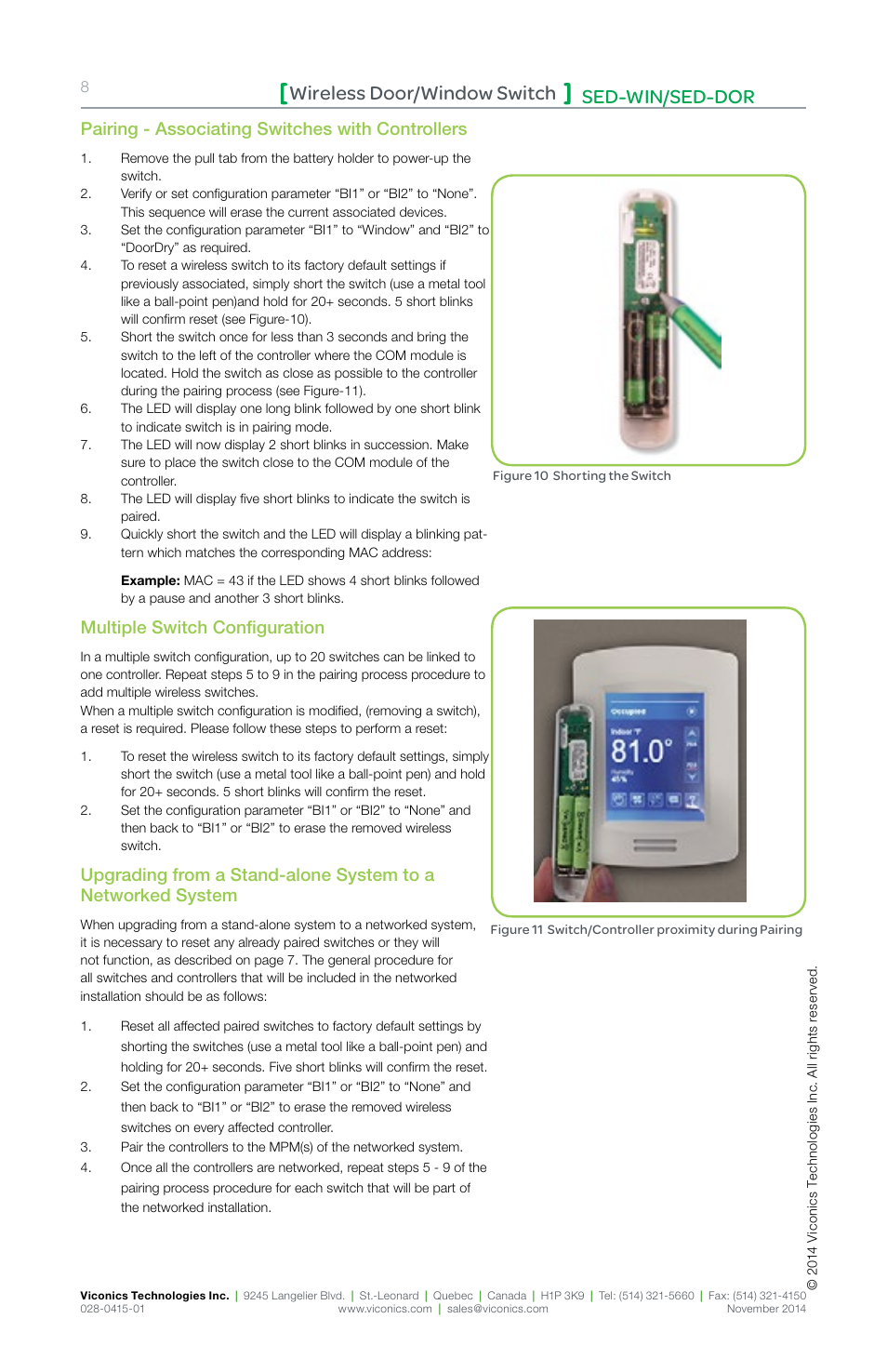 Sed-win/sed-dor wireless door/window switch, Pairing - associating switches with controllers, Multiple switch configuration | Viconics SED-DOR (ZigBee Pro) Installation Guide User Manual | Page 8 / 12