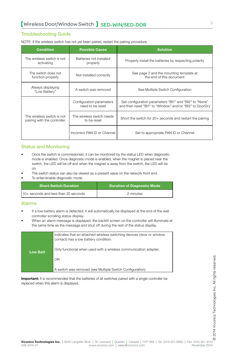 Sed-win/sed-dor wireless door/window switch, Troubleshooting guide, Status and monitoring | Alarms | Viconics SED-DOR (ZigBee Pro) Installation Guide User Manual | Page 9 / 12