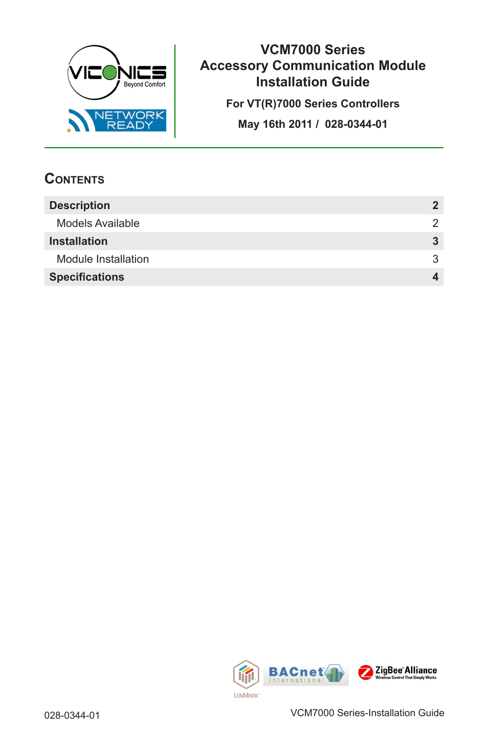 Viconics VCM7000 Series (ZigBee Pro  Classic ZigBee) Installation Guide User Manual | 4 pages