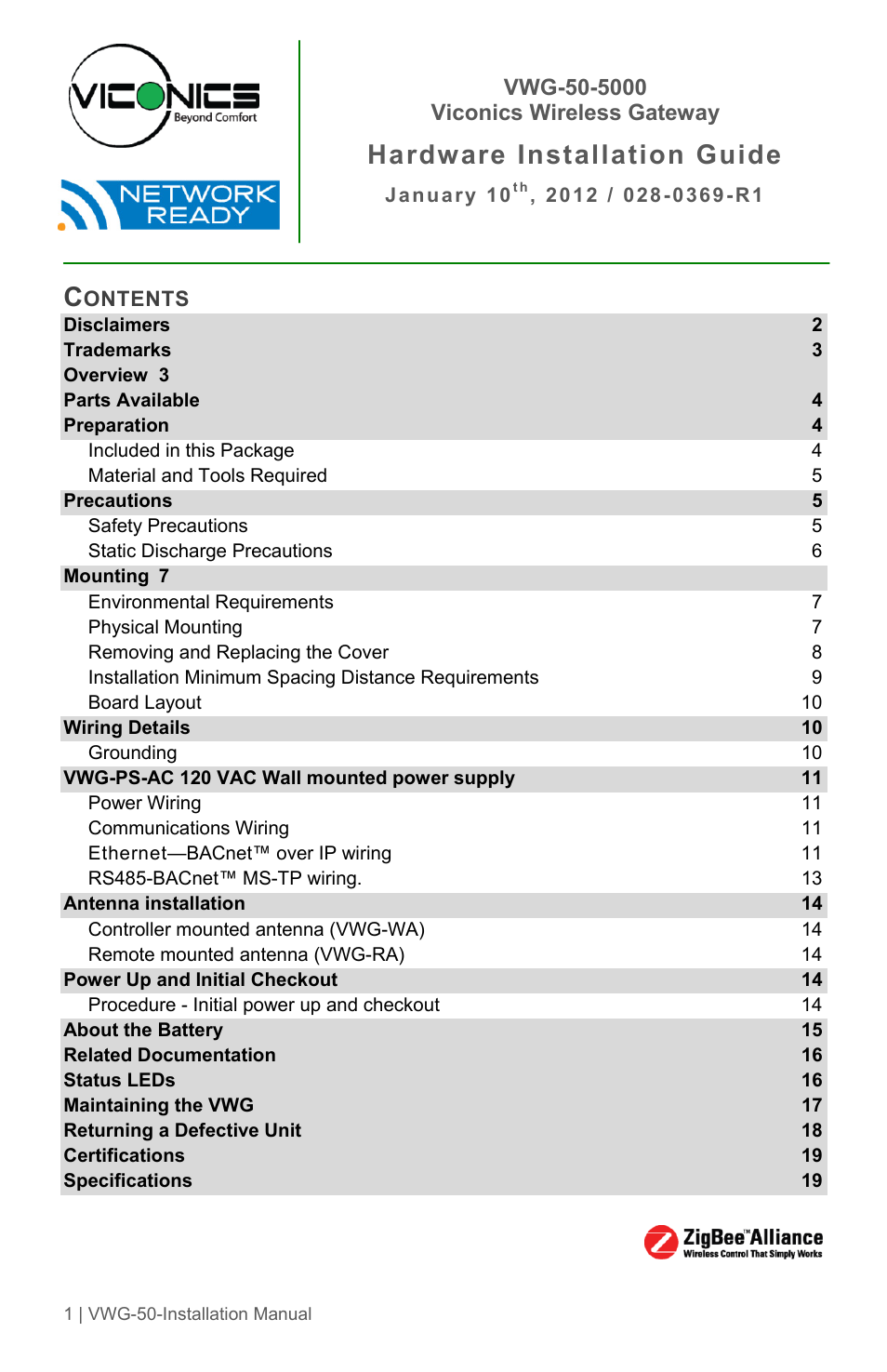 Viconics VWG-50 (Classic ZigBee) Installation Guide User Manual | 20 pages