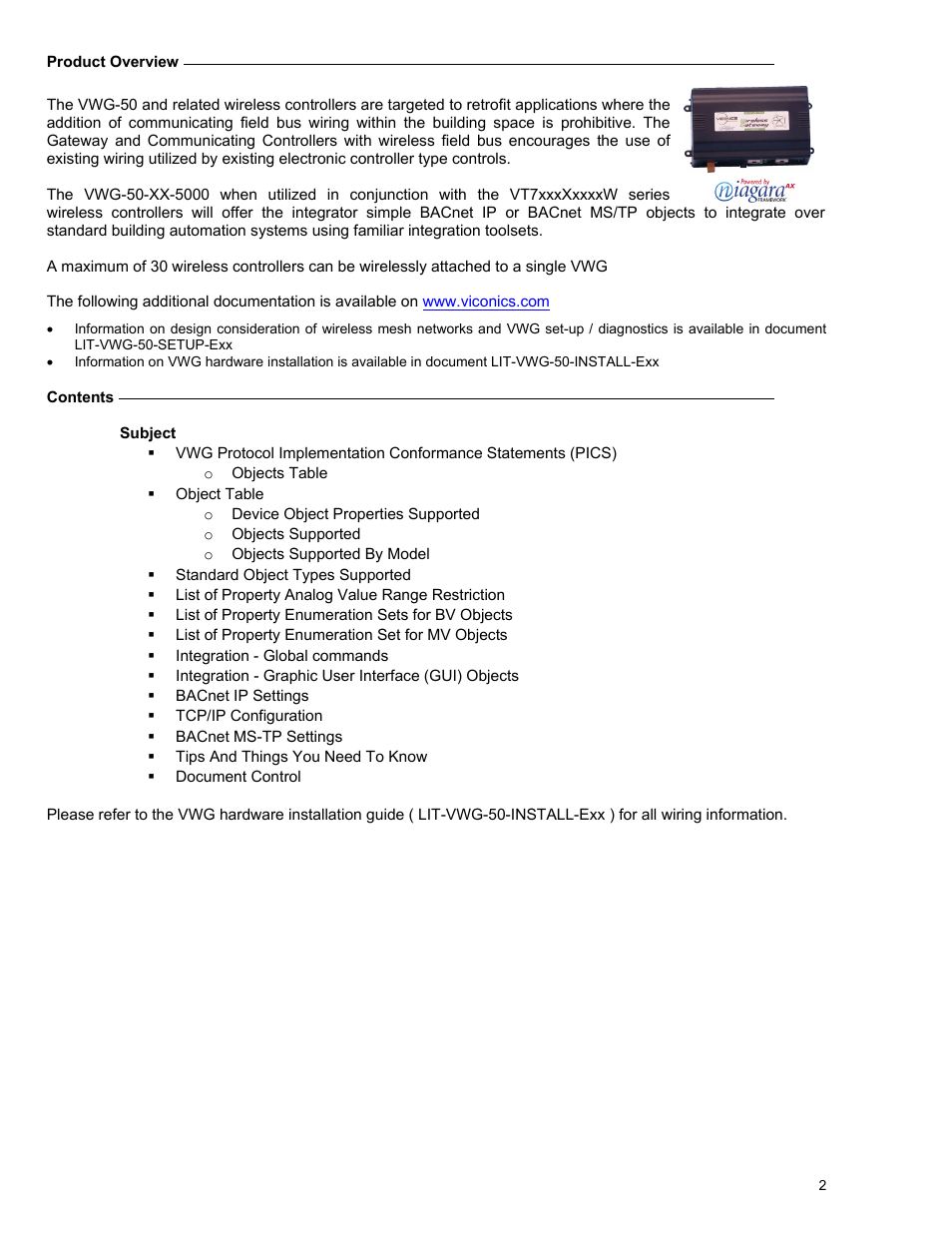 Viconics VWG-50 (Classic ZigBee) BACnet Integration Manual User Manual | Page 2 / 30