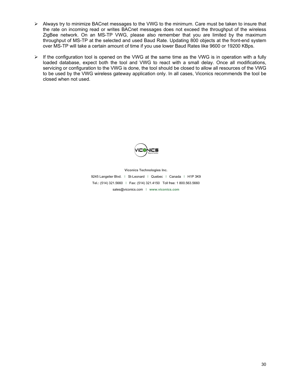 Viconics VWG-50 (Classic ZigBee) BACnet Integration Manual User Manual | Page 30 / 30