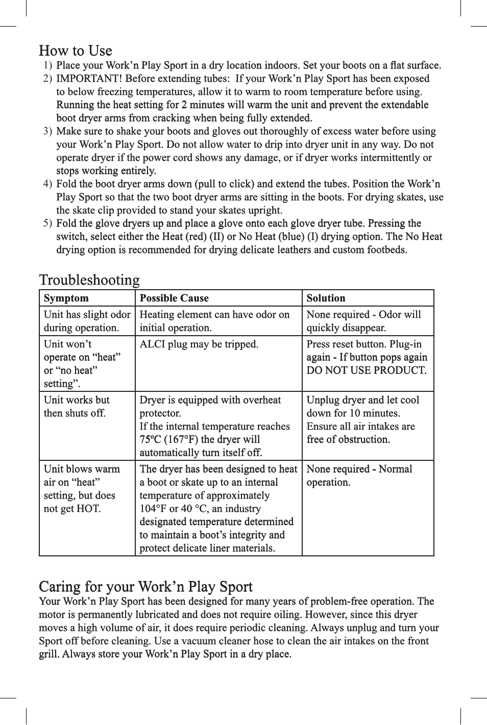 How to use, Troubleshooting, Caring for your work’n play sport | Caframo 7802CA-GBX User Manual | Page 4 / 12