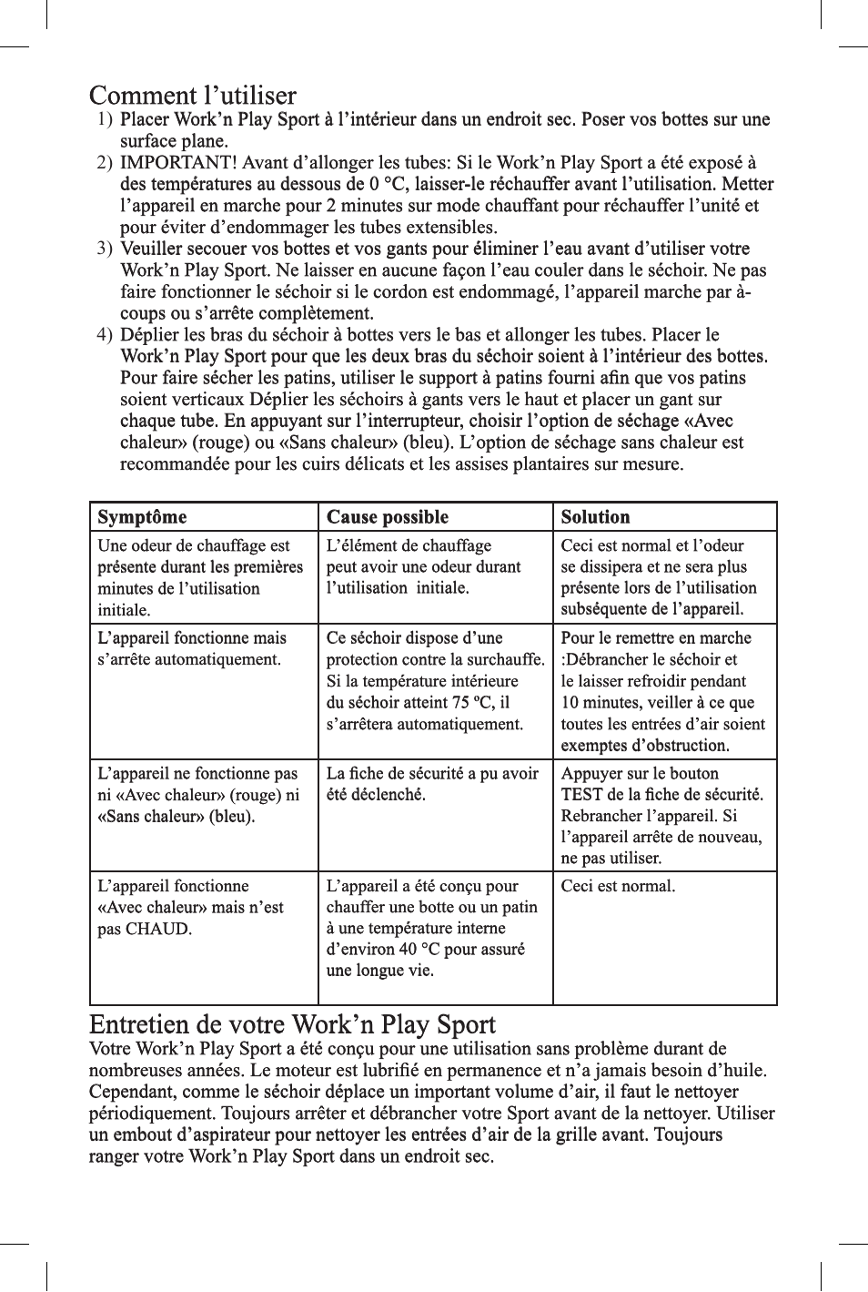 Comment l’utiliser, Entretien de votre work’n play sport | Caframo 7802CA-GBX User Manual | Page 6 / 12