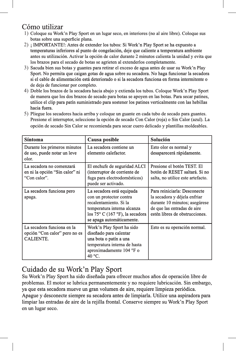 Cómo utilizar, Cuidado de su work’n play sport | Caframo 7802CA-GBX User Manual | Page 9 / 12