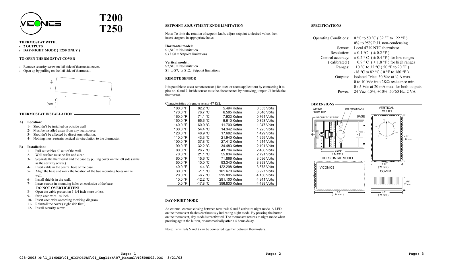 Viconics T250 User Manual | 2 pages