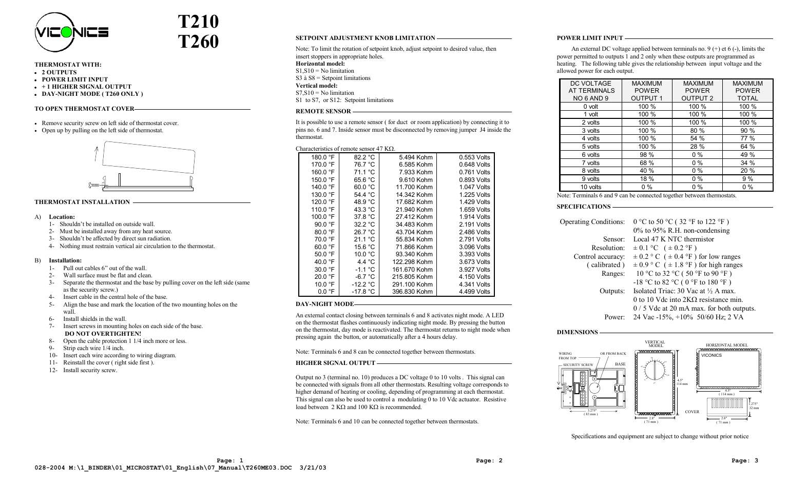 Viconics T260 User Manual | 2 pages