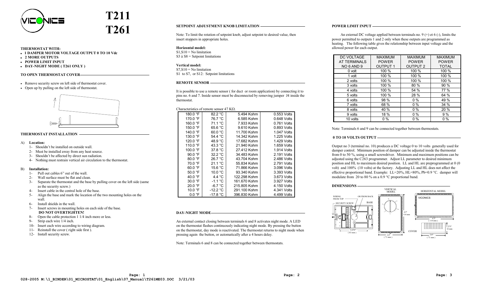 Viconics T261 User Manual | 2 pages