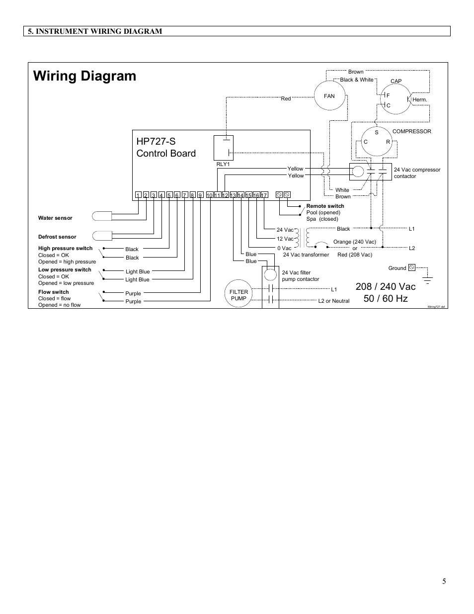 Wiring diagram, Hp727-s control board, Instrument wiring diagram | Viconics HP727S User Manual | Page 5 / 15