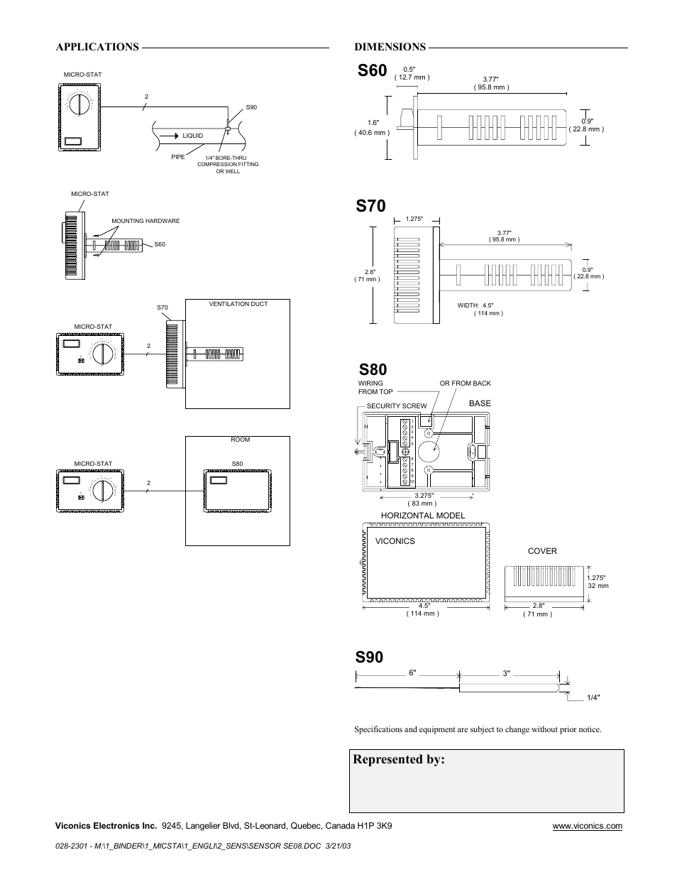 Represented by, Applications, Dimensions | Viconics S80 User Manual | Page 2 / 2