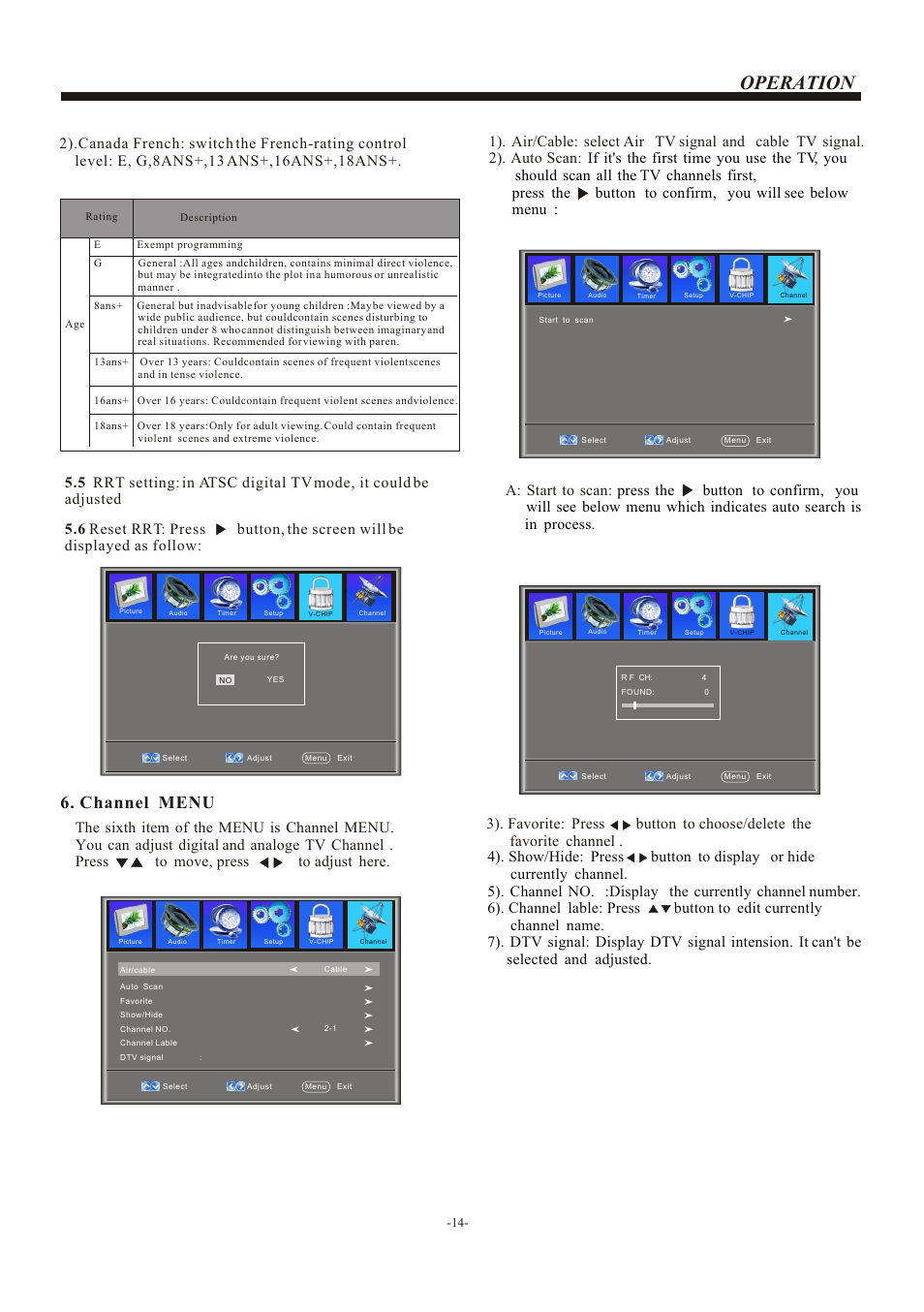 Т³гж 15, Operation, Channel menu | VIORE LC19VH54PB User Manual | Page 15 / 17