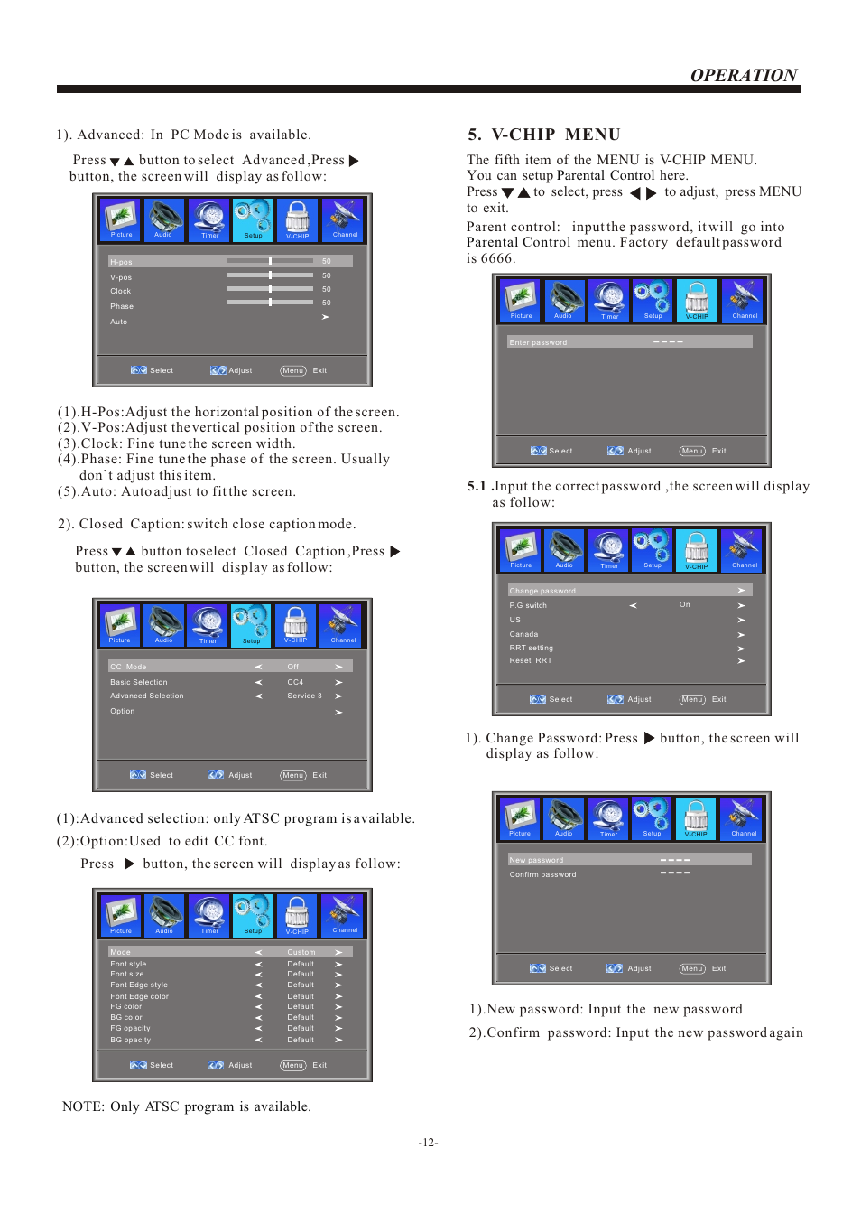 Т³гж 13, Operation, V-chip menu | VIORE LCD19VH56 User Manual | Page 13 / 22