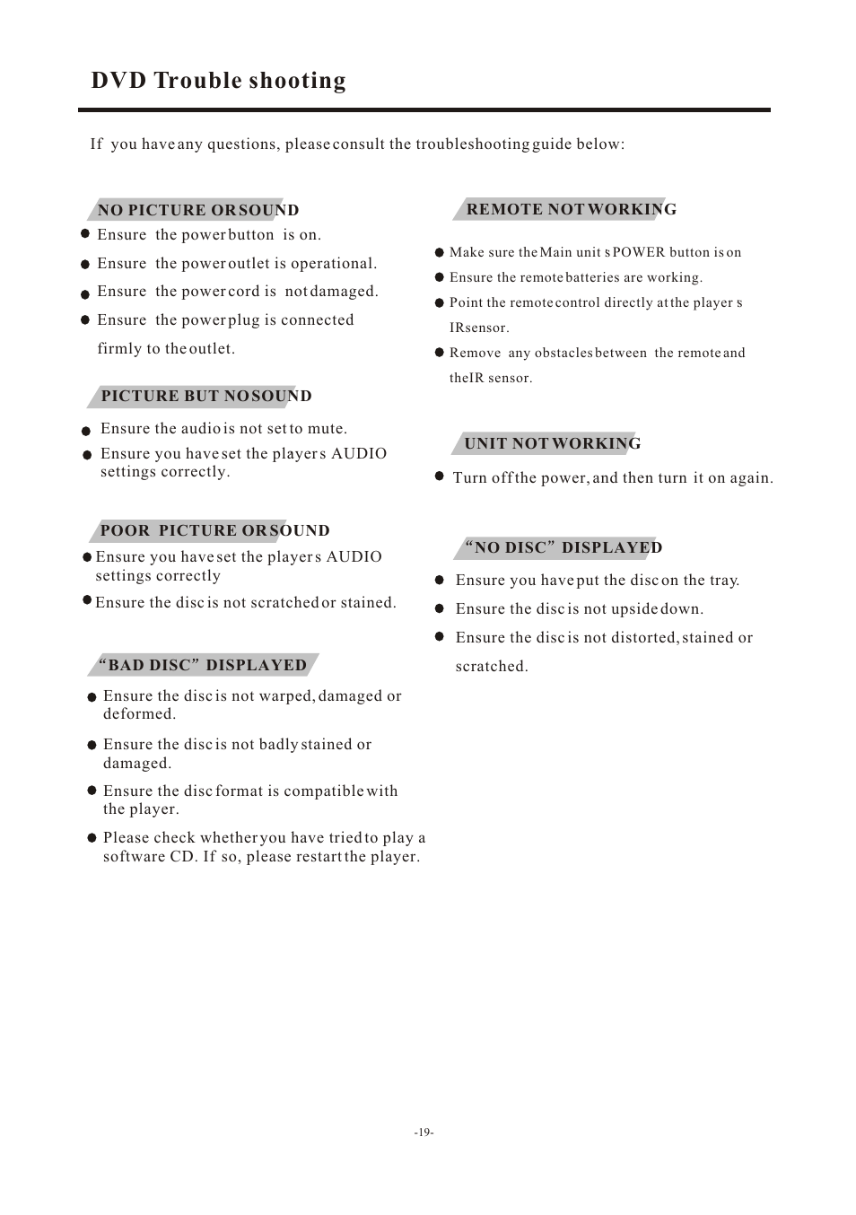 Т³гж 20, Dvd trouble shooting | VIORE LCD19VH56 User Manual | Page 20 / 22